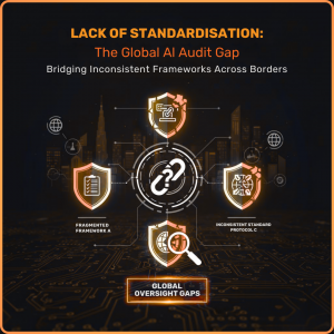 A digital infographic titled 'LACK OF STANDARDISATION: The Global AI Audit Gap' showing broken chain links and mismatched shields. The icons represent 'Fragmented Frameworks' and 'Inconsistent Protocols' against a global city skyline. It illustrates the oversight gaps caused by the current lack of a universal AI auditing framework.