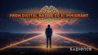 A professional landscape-oriented infographic titled 'FROM DIGITAL NATIVE TO AI IMMIGRANT' in bold orange text. A central silhouette of a person stands on a glowing digital path made of circuitry, looking toward a vast horizon. Above the person, a large, glowing anatomical brain icon symbolizes cognitive evolution. The background features a dark, mountain-like digital landscape under a starry sky with orange data streams. The Sapience Consulting logo is positioned in the bottom right corner, emphasizing the transition from traditional digital literacy to the new frontier of artificial intelligence.