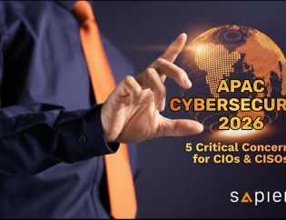 A professional in a navy blue corporate shirt and a striking orange tie, gesturing toward a glowing digital globe centered on the Asia-Pacific region. Text overlay reads 'APAC CYBERSECURITY 2026: 5 Critical Concerns for CIOs & CISOs' with the Sapience Consulting logo, representing strategic leadership in the APAC cyber landscape
