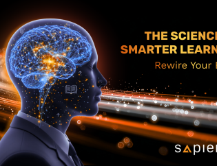 A conceptual side-profile of a professional's head showing a glowing, intricate neural network within the brain. The text reads 'THE SCIENCE OF SMARTER LEARNING - Rewire Your Brain.' Light trails and digital particles flow into the mind, with the Sapience Consulting logo in the corner.