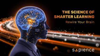 A conceptual side-profile of a professional's head showing a glowing, intricate neural network within the brain. The text reads 'THE SCIENCE OF SMARTER LEARNING - Rewire Your Brain.' Light trails and digital particles flow into the mind, with the Sapience Consulting logo in the corner.
