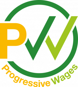 Official Progressive Wage Mark accreditation logo, signifying a commitment to fair wages and career development for workers