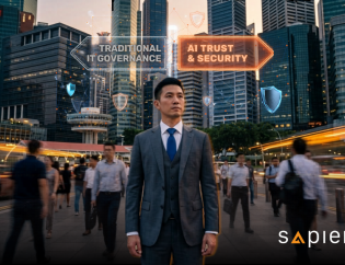 An Asian male professional standing at a career crossroads in Raffles Place, Singapore, with holographic signs pointing toward 'Traditional IT Governance' and 'AI Trust & Security'. The image features Sapience Consulting branding and corporate colors, symbolizing the transition to ISACA’s new AAIA, AAISM, and AAIR certifications.