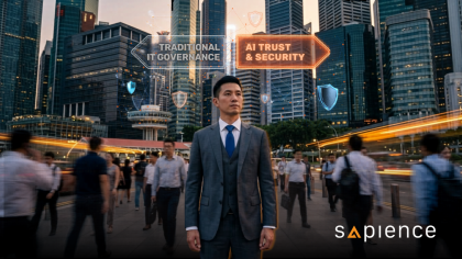 An Asian male professional standing at a career crossroads in Raffles Place, Singapore, with holographic signs pointing toward 'Traditional IT Governance' and 'AI Trust & Security'. The image features Sapience Consulting branding and corporate colors, symbolizing the transition to ISACA’s new AAIA, AAISM, and AAIR certifications.