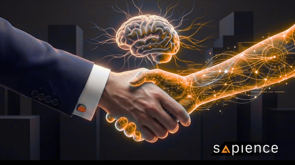 A high-concept digital illustration for Sapience Consulting showing a human hand in a navy suit shaking hands with a glowing neural-network hand. This image represents strategic AI risk management and human-led governance frameworks, emphasizing that while AI automates tasks, accountability remains human.