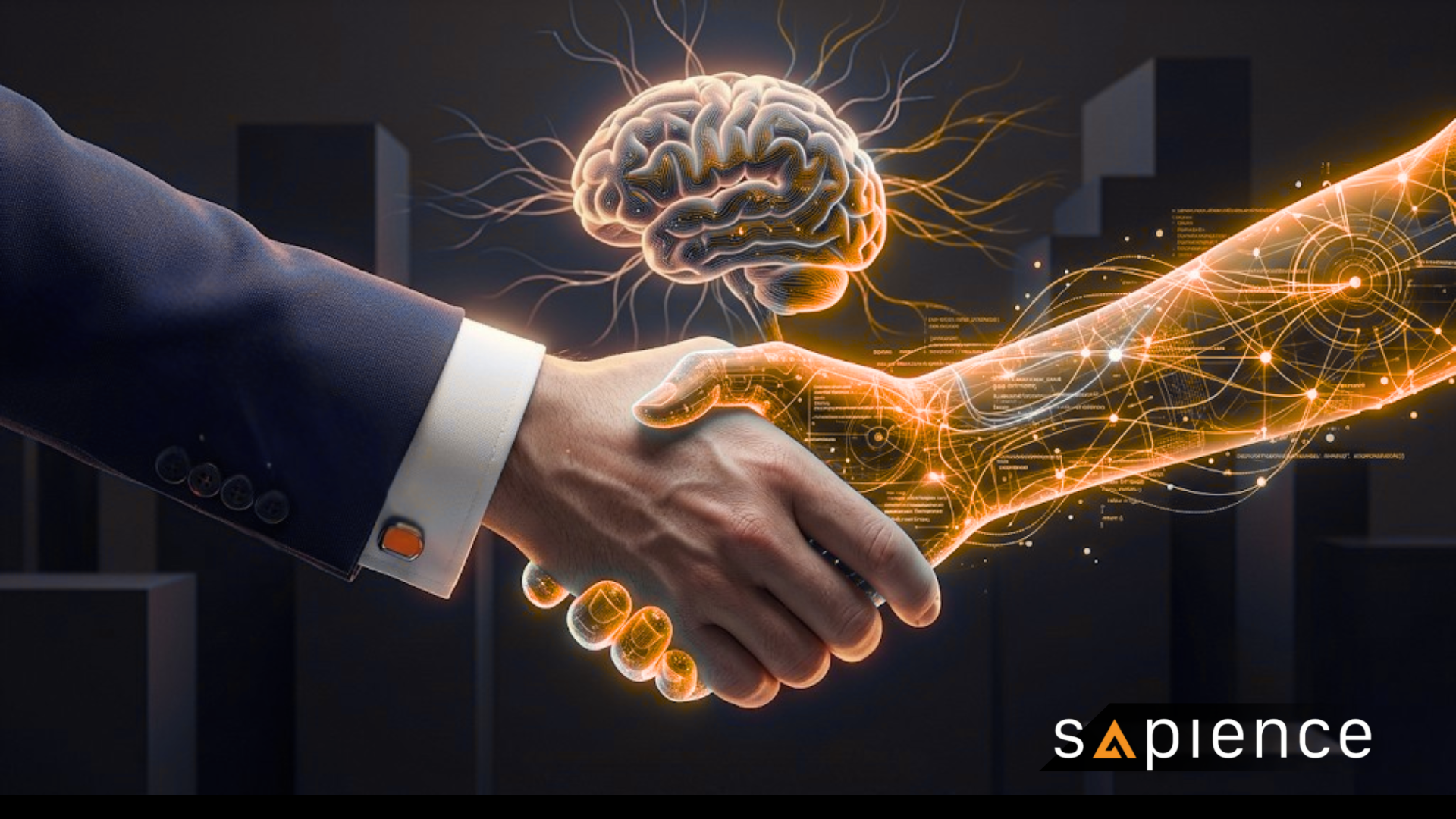 A high-concept digital illustration for Sapience Consulting showing a human hand in a navy suit shaking hands with a glowing neural-network hand. This image represents strategic AI risk management and human-led governance frameworks, emphasizing that while AI automates tasks, accountability remains human.