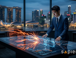 Featured image for the "Silicon vs. Silicon" blog post. A cinematic, square-format photograph of a male GRC professional in a dark, high-tech command center overlooking the Singapore skyline at night. He is interacting with a transparent holographic table displaying an AI-powered cyber war: aggressive orange data streams are being intercepted by structured blue defensive perimeters. Text overlay reads "THE WAR HAS EVOLVED. HOW ABOUT THE GUARDRAILS?" with the Sapience Consulting logo, symbolizing the need for adaptive AI governance.