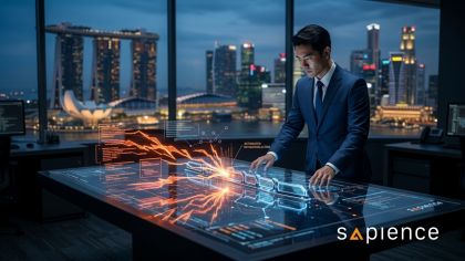 Featured image for the "Silicon vs. Silicon" blog post. A cinematic, square-format photograph of a male GRC professional in a dark, high-tech command center overlooking the Singapore skyline at night. He is interacting with a transparent holographic table displaying an AI-powered cyber war: aggressive orange data streams are being intercepted by structured blue defensive perimeters. Text overlay reads "THE WAR HAS EVOLVED. HOW ABOUT THE GUARDRAILS?" with the Sapience Consulting logo, symbolizing the need for adaptive AI governance.