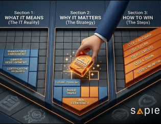 An isometric 3D graphic illustration of a corporate IT certification puzzle board by Sapience Consulting. The image is split into three sections titled "What It Means (The IT Reality)," "Why It Matters (The Strategy)," and "How To Win (The Steps)." A corporate hand places a glowing golden block labeled "Sapience Certified" into a grid alongside blue and orange blocks featuring text like "Mandatory Enrolment," "Future-Proofing," "Build Trust," and a 5-step career development roadmap.