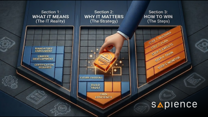 An isometric 3D graphic illustration of a corporate IT certification puzzle board by Sapience Consulting. The image is split into three sections titled "What It Means (The IT Reality)," "Why It Matters (The Strategy)," and "How To Win (The Steps)." A corporate hand places a glowing golden block labeled "Sapience Certified" into a grid alongside blue and orange blocks featuring text like "Mandatory Enrolment," "Future-Proofing," "Build Trust," and a 5-step career development roadmap.