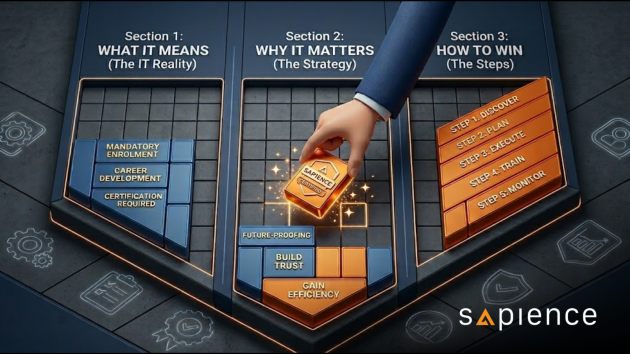 An isometric 3D graphic illustration of a corporate IT certification puzzle board by Sapience Consulting. The image is split into three sections titled "What It Means (The IT Reality)," "Why It Matters (The Strategy)," and "How To Win (The Steps)." A corporate hand places a glowing golden block labeled "Sapience Certified" into a grid alongside blue and orange blocks featuring text like "Mandatory Enrolment," "Future-Proofing," "Build Trust," and a 5-step career development roadmap.