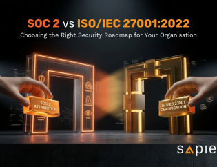Information security framework comparison banner titled "SOC 2 vs ISO/IEC 27001:2022" by Sapience. Designed for organizations evaluating compliance roadmaps, the visual symbolizes the building blocks of data security, IT auditing standards, and corporate governance frameworks.