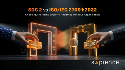 Information security framework comparison banner titled "SOC 2 vs ISO/IEC 27001:2022" by Sapience. Designed for organizations evaluating compliance roadmaps, the visual symbolizes the building blocks of data security, IT auditing standards, and corporate governance frameworks.