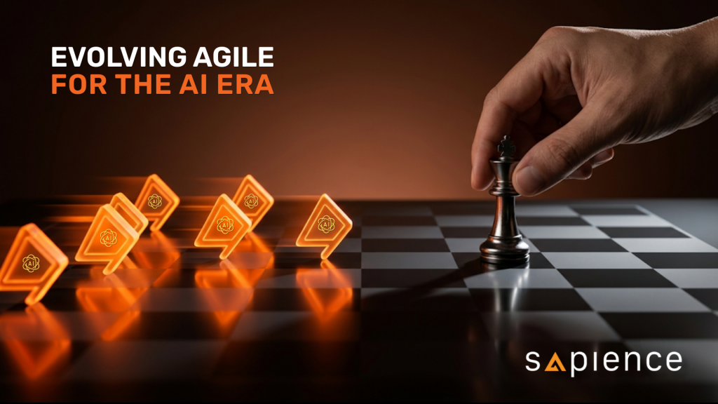 Corporate tech banner comparing agile methodologies and artificial intelligence automation. Features a human hand strategically placing a silver king chess piece on an obsidian board to counter a row of glowing orange AI-symbolised blocks, titled "Evolving Agile for the AI Era" by Sapience Consulting.