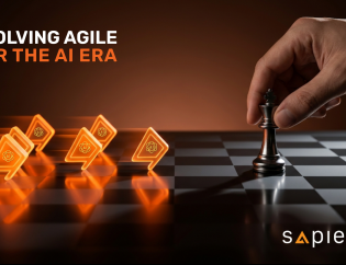 Corporate tech banner comparing agile methodologies and artificial intelligence automation. Features a human hand strategically placing a silver king chess piece on an obsidian board to counter a row of glowing orange AI-symbolised blocks, titled "Evolving Agile for the AI Era" by Sapience Consulting.