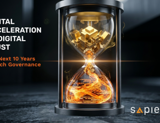 An executive thought-leadership banner by Sapience Consulting titled "DIGITAL ACCELERATION TO DIGITAL TRUST: The Next 10 Years of Tech Governance." The landscape image showcases a modern, metallic architectural hourglass against a dark obsidian slate background. The bottom bulb houses an intense, glowing Sapience Orange swirl of digital text strings and particles representing historical acceleration. The particles funnel through a bright optical light flare at the neck, organizing into premium, metallic gold geometric blocks in the top bulb to symbolize structured future governance. The Sapience corporate logo is positioned in the bottom right corner.