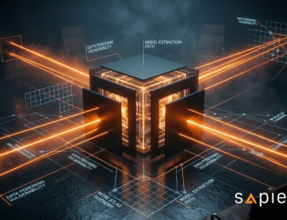 An executive AI threat modelling banner by Sapience Consulting set in a dark, atmospheric boardroom with executive chairs surrounding a central glowing AI "black box" core. The deconstructed metallic cube opens to reveal a brightly illuminated Sapience Orange interior, shooting laser-like threat vectors outward onto a dark slate floor etched with architectural blueprints. The floor schematics feature technical text callouts including "MITRE ATLAS TAXONOMY," "MODEL EXTRACTION PATH," and "DATA POISONING VULNERABILITY." The Sapience corporate logo is positioned in the bottom right corner.