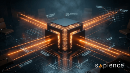 An executive AI threat modelling banner by Sapience Consulting set in a dark, atmospheric boardroom with executive chairs surrounding a central glowing AI "black box" core. The deconstructed metallic cube opens to reveal a brightly illuminated Sapience Orange interior, shooting laser-like threat vectors outward onto a dark slate floor etched with architectural blueprints. The floor schematics feature technical text callouts including "MITRE ATLAS TAXONOMY," "MODEL EXTRACTION PATH," and "DATA POISONING VULNERABILITY." The Sapience corporate logo is positioned in the bottom right corner.