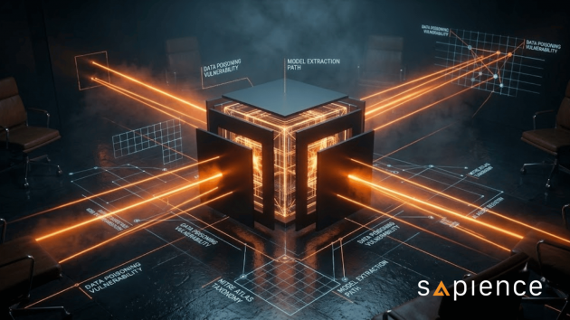 An executive AI threat modelling banner by Sapience Consulting set in a dark, atmospheric boardroom with executive chairs surrounding a central glowing AI "black box" core. The deconstructed metallic cube opens to reveal a brightly illuminated Sapience Orange interior, shooting laser-like threat vectors outward onto a dark slate floor etched with architectural blueprints. The floor schematics feature technical text callouts including "MITRE ATLAS TAXONOMY," "MODEL EXTRACTION PATH," and "DATA POISONING VULNERABILITY." The Sapience corporate logo is positioned in the bottom right corner.