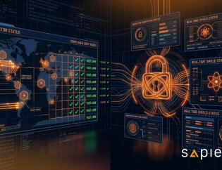 A 3D Cyber Fusion Centre dashboard by Sapience Consulting showing real-time AI threat monitoring. The dark UI displays incoming orange threat vectors passing through compliance audit nodes with green checkmarks labelled "FAST LANE". A glowing Sapience Orange central lock icon connects data streams to real-time shield status panels.