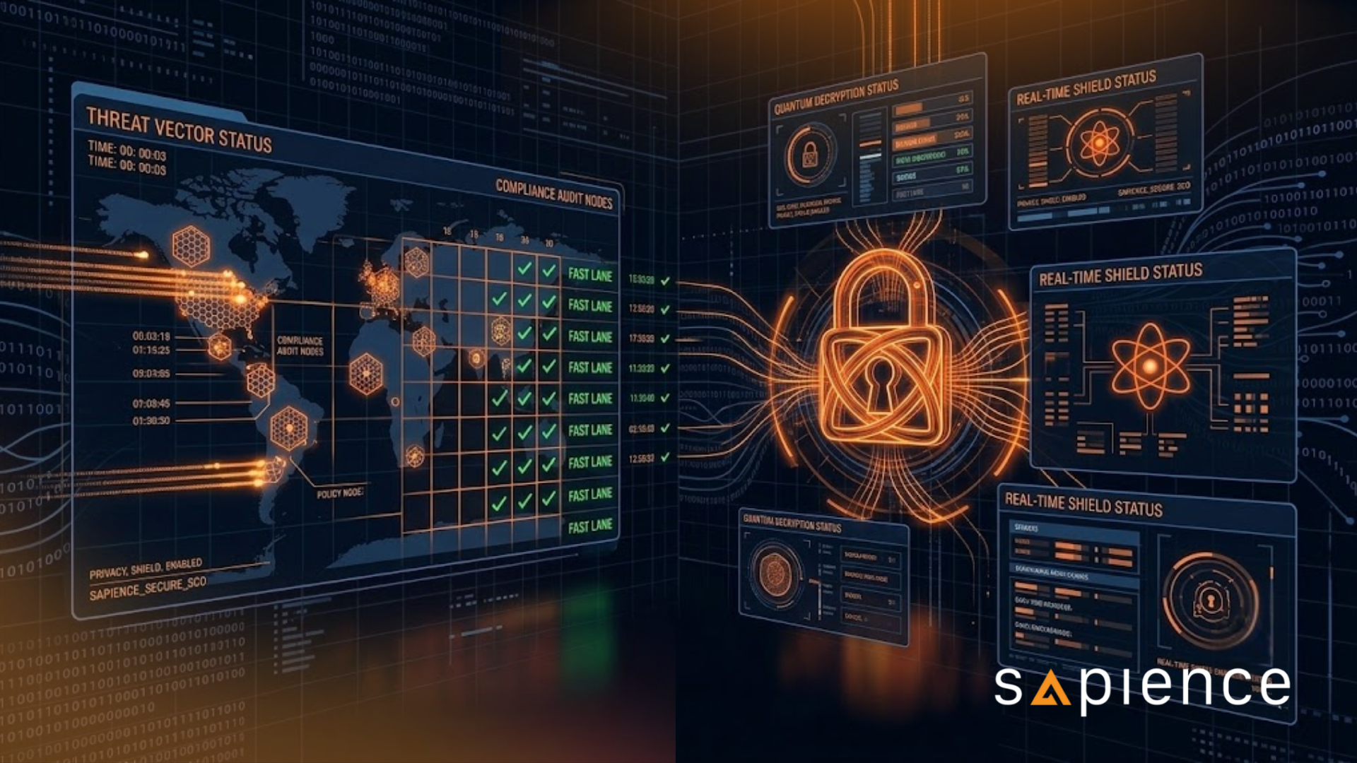 A 3D Cyber Fusion Centre dashboard by Sapience Consulting showing real-time AI threat monitoring. The dark UI displays incoming orange threat vectors passing through compliance audit nodes with green checkmarks labelled "FAST LANE". A glowing Sapience Orange central lock icon connects data streams to real-time shield status panels.