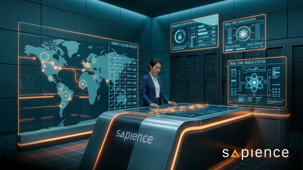 High-tech Site Reliability Engineering (SRE) operations center visual by Sapience. Illustrating the application of Kaizen continuous delivery and system resilience, the image depicts real-time threat vector monitoring, quantum decryption metrics, and automated shield statuses for enterprise infrastructure.