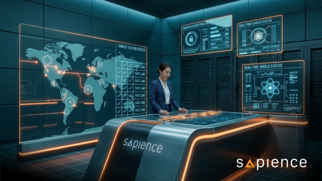 High-tech Site Reliability Engineering (SRE) operations center visual by Sapience. Illustrating the application of Kaizen continuous delivery and system resilience, the image depicts real-time threat vector monitoring, quantum decryption metrics, and automated shield statuses for enterprise infrastructure.