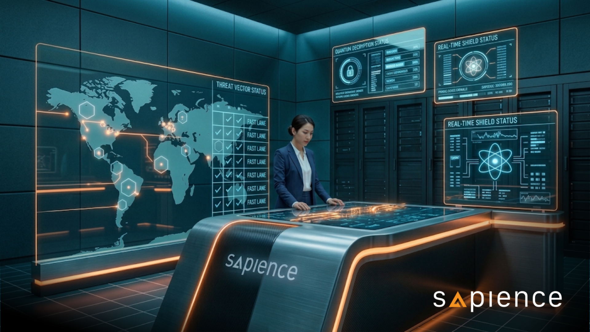 High-tech Site Reliability Engineering (SRE) operations center visual by Sapience. Illustrating the application of Kaizen continuous delivery and system resilience, the image depicts real-time threat vector monitoring, quantum decryption metrics, and automated shield statuses for enterprise infrastructure.