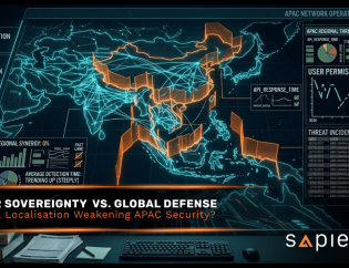 Asia-Pacific data residency and cyber sovereignty banner by Sapience. The visual depicts a fragmented APAC threat map enclosed by digital walls, targeting search intent around data localization laws, cross-border threat intelligence, regulatory compliance, and regional security coordination.