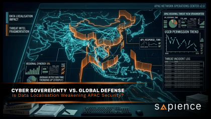 Asia-Pacific data residency and cyber sovereignty banner by Sapience. The visual depicts a fragmented APAC threat map enclosed by digital walls, targeting search intent around data localization laws, cross-border threat intelligence, regulatory compliance, and regional security coordination.