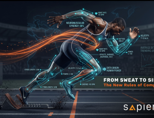 Sprinter exploding from starting blocks overlaid with glowing biometric telemetry data, with text reading : From Sweat to Silicon: The New Rules of Competition by Sapience Consulting