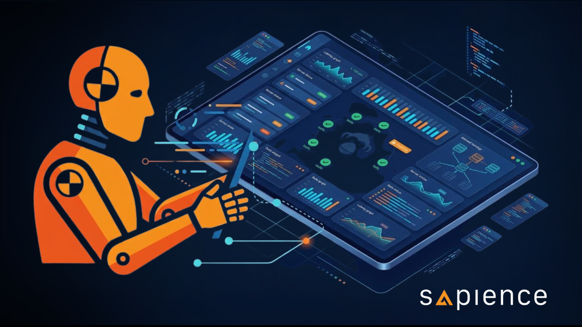 A stylized orange crash test dummy operating an interactive dark-themed SRE monitoring dashboard displaying cloud network status, latency graphs, and a Chaos Monkey fault injection symbol, representing Chaos Engineering practices.