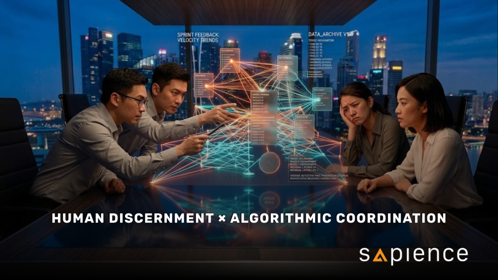 Cross-functional agile team analyzing a holographic sprint network against a city skyline, with text reading: Human Discernment × Algorithmic Coordination by Sapience.