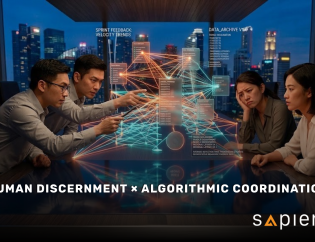 Cross-functional agile team analyzing a holographic sprint network against a city skyline, with text reading: Human Discernment × Algorithmic Coordination by Sapience.