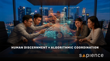 Cross-functional agile team analyzing a holographic sprint network against a city skyline, with text reading: Human Discernment × Algorithmic Coordination by Sapience.