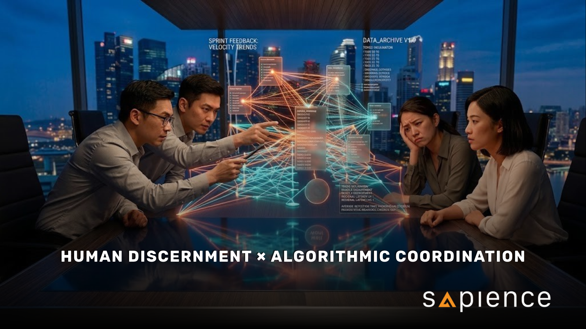 Cross-functional agile team analyzing a holographic sprint network against a city skyline, with text reading: Human Discernment × Algorithmic Coordination by Sapience.